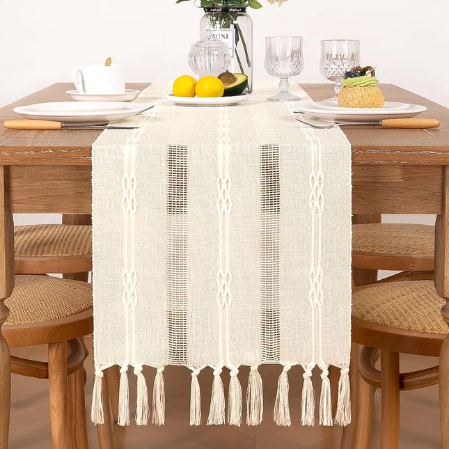 Rustic Macrame Table Runner Boho Linen With Tassels 13x60 Beige