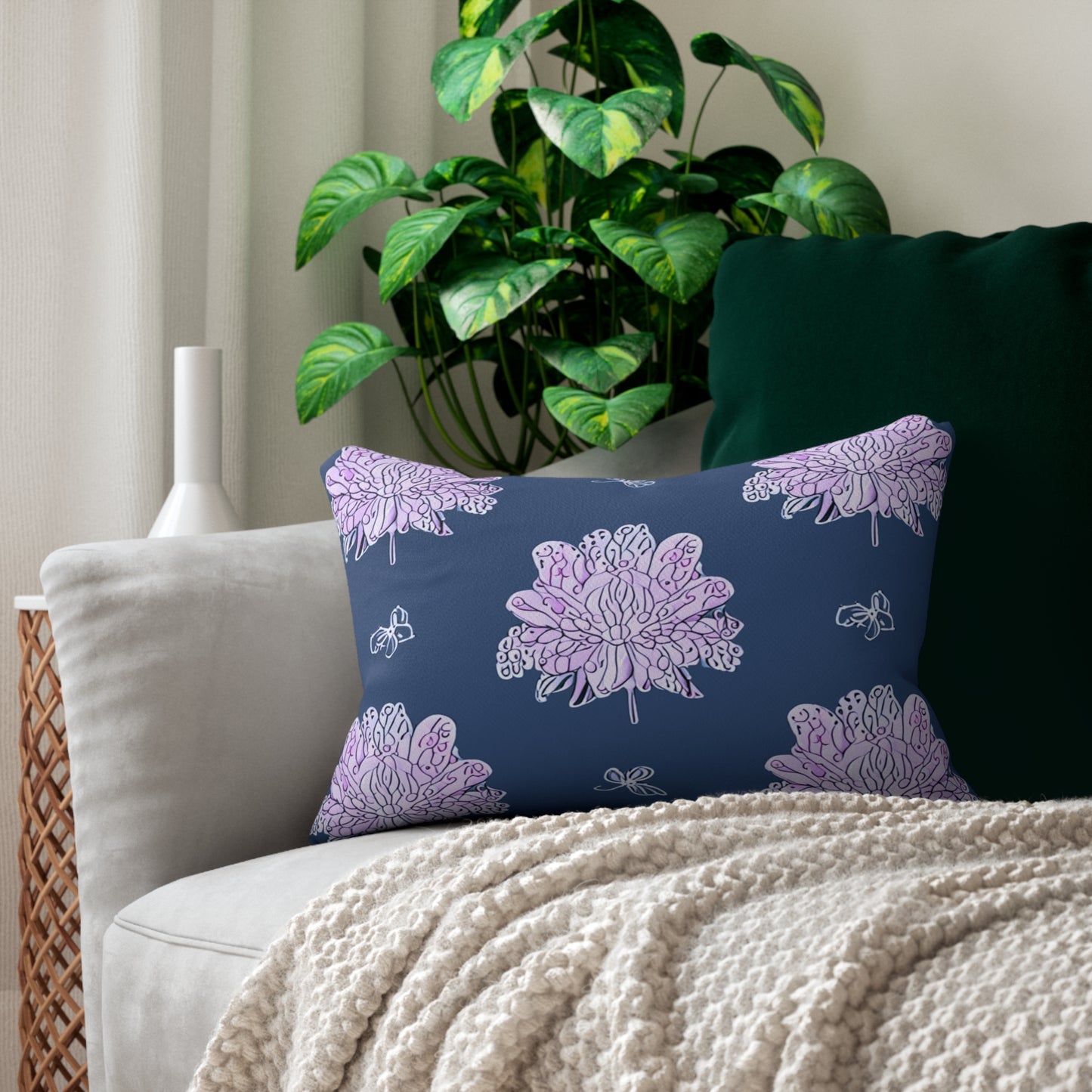 Purple White Floral Butterflies Spun Polyester Lumbar Pillow, 20" x 14"