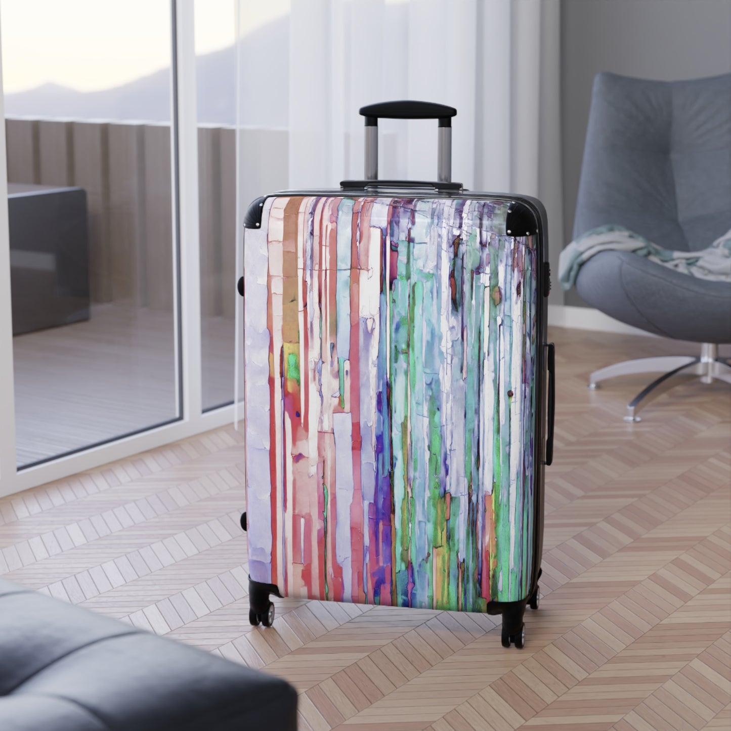 Striped Pastels Large Suitcase with built in lock, 4 double-wheels, telescopic handle, and ABS back hard-shell