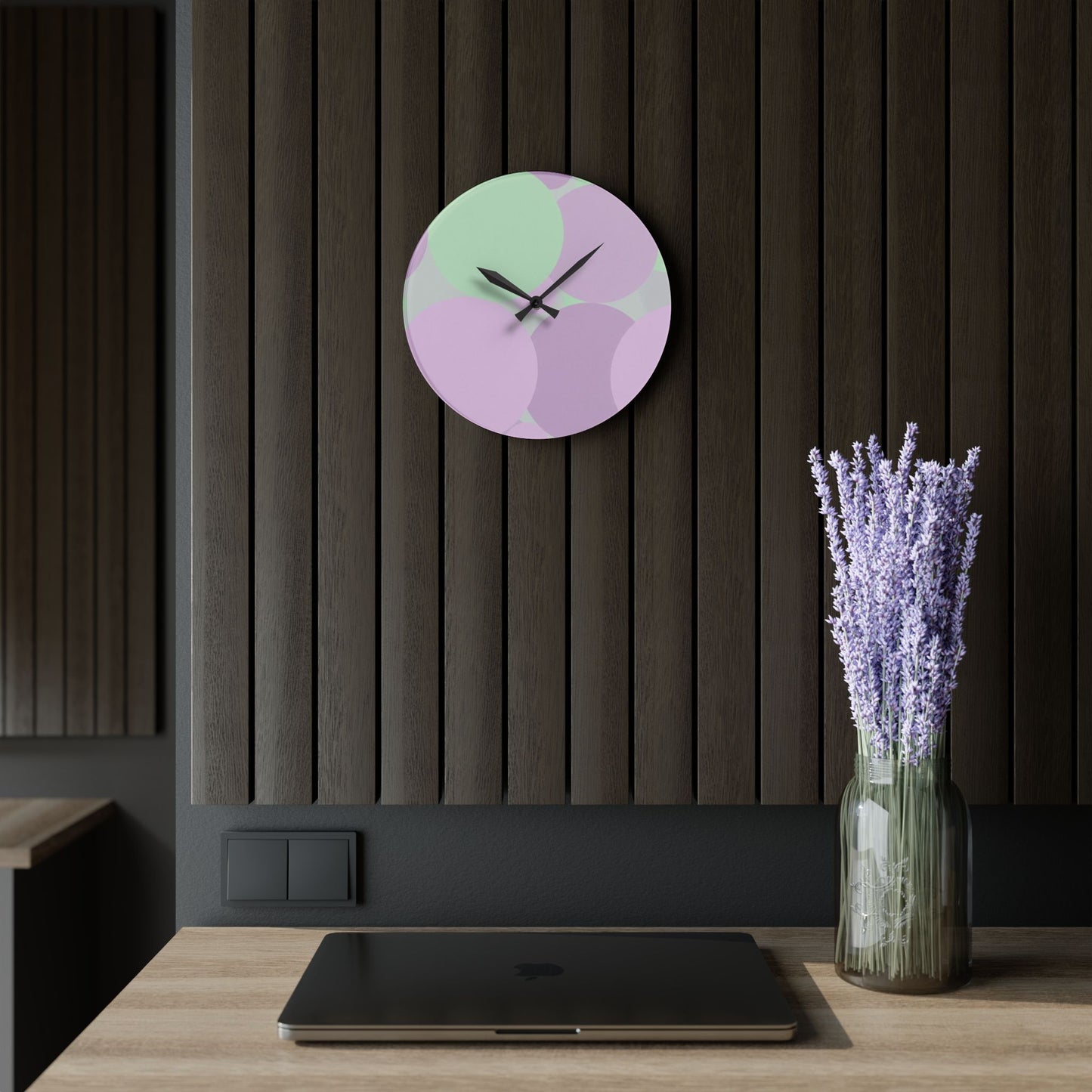 Pastel Lavender Purple and Soft Green Patches Acrylic Wall Clock, Round or Square, 10.75" x 10.75"