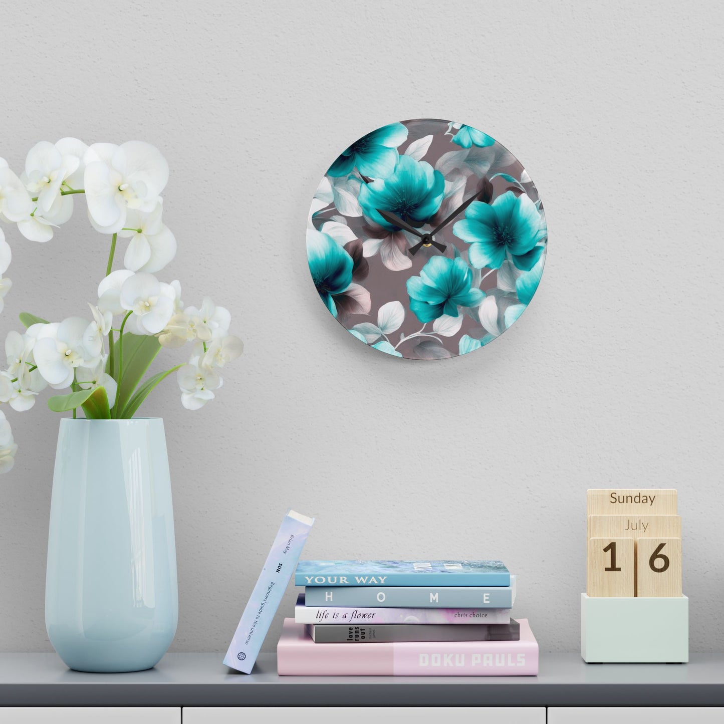 Tif Green Gray Floral Bunch Acrylic Wall Clock, Round or Square, 10.75" x 10.75"