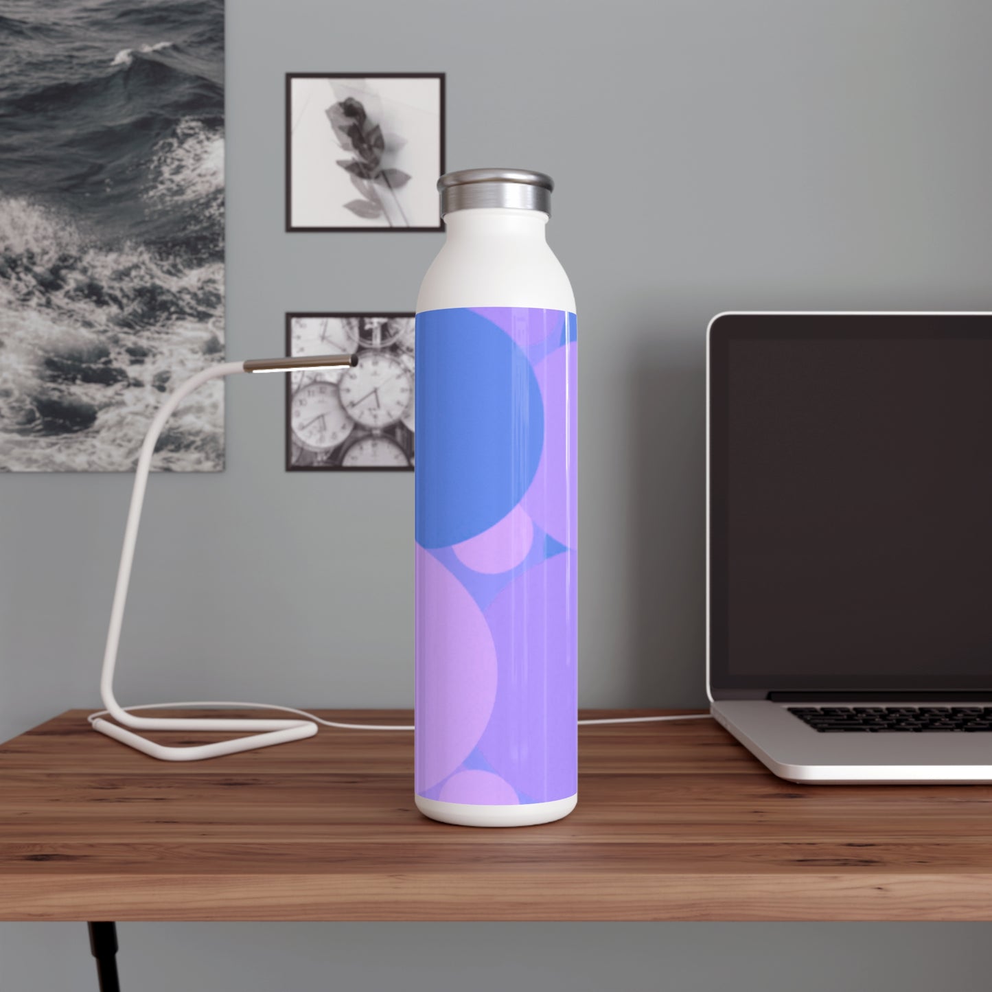 Pastel Purple Family Patches Slim Water Bottle, 20 oz White