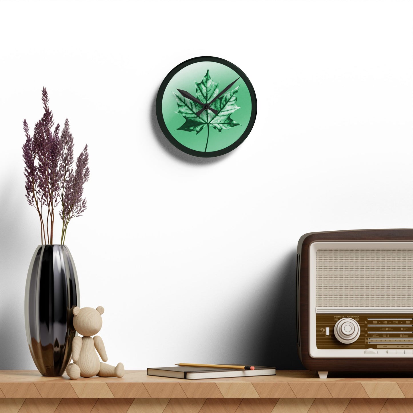 Mint Green Maple Leaf Acrylic Round Wall Clock, 8" x 8"