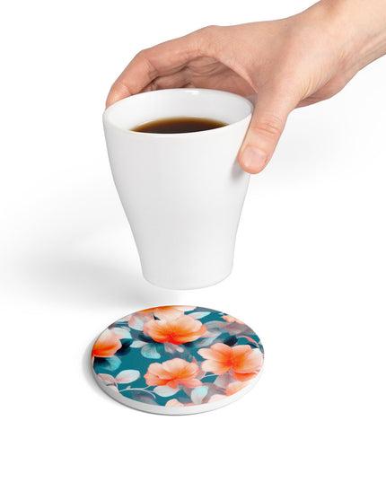Orange Blossom Floral Bunch Round Ceramic Coaster, 4" x 4"