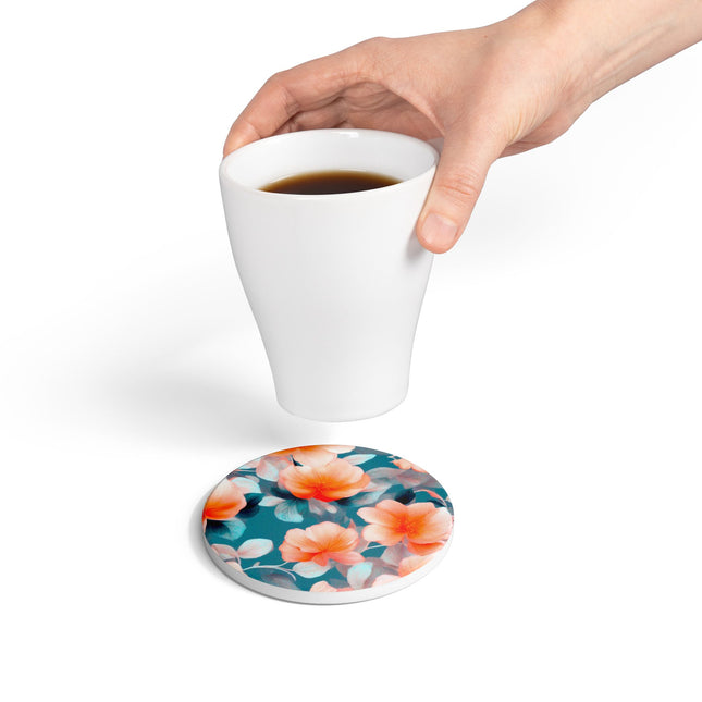 Orange Blossom Floral Bunch Round Ceramic Coaster, 4" x 4"