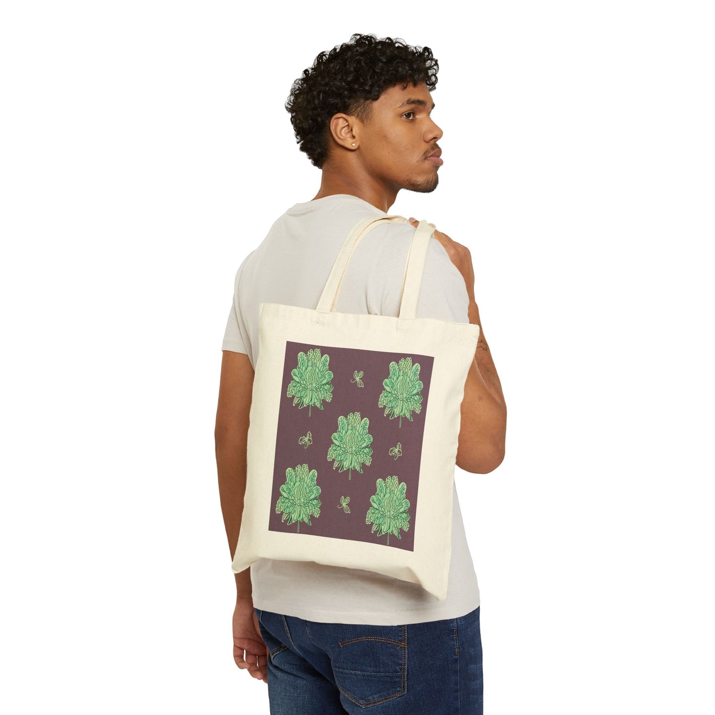 Mint Green Floral Butterflies Cotton Canvas Tote Bag