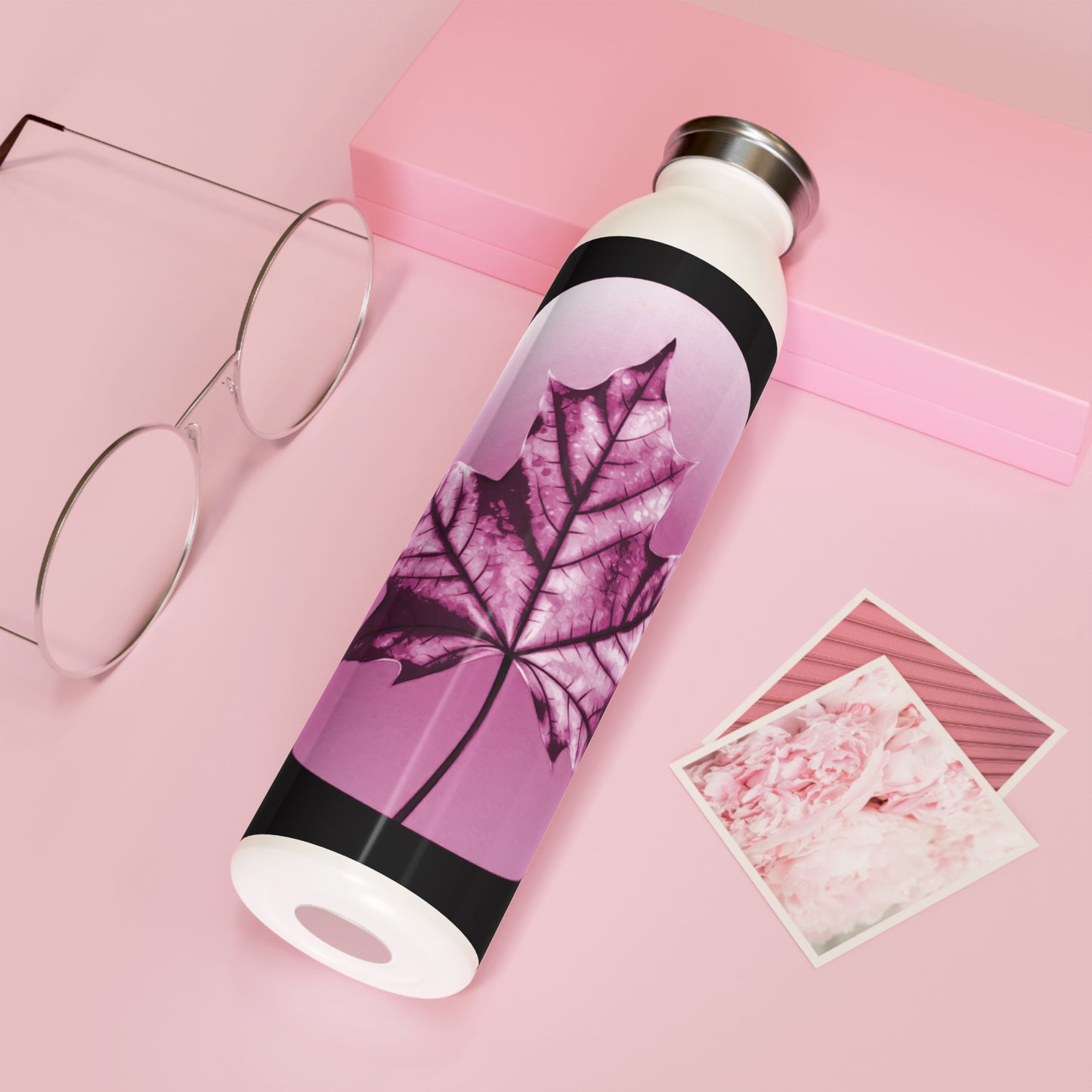 Magenta Maple Leaf Slim Water Bottle, 20 oz White