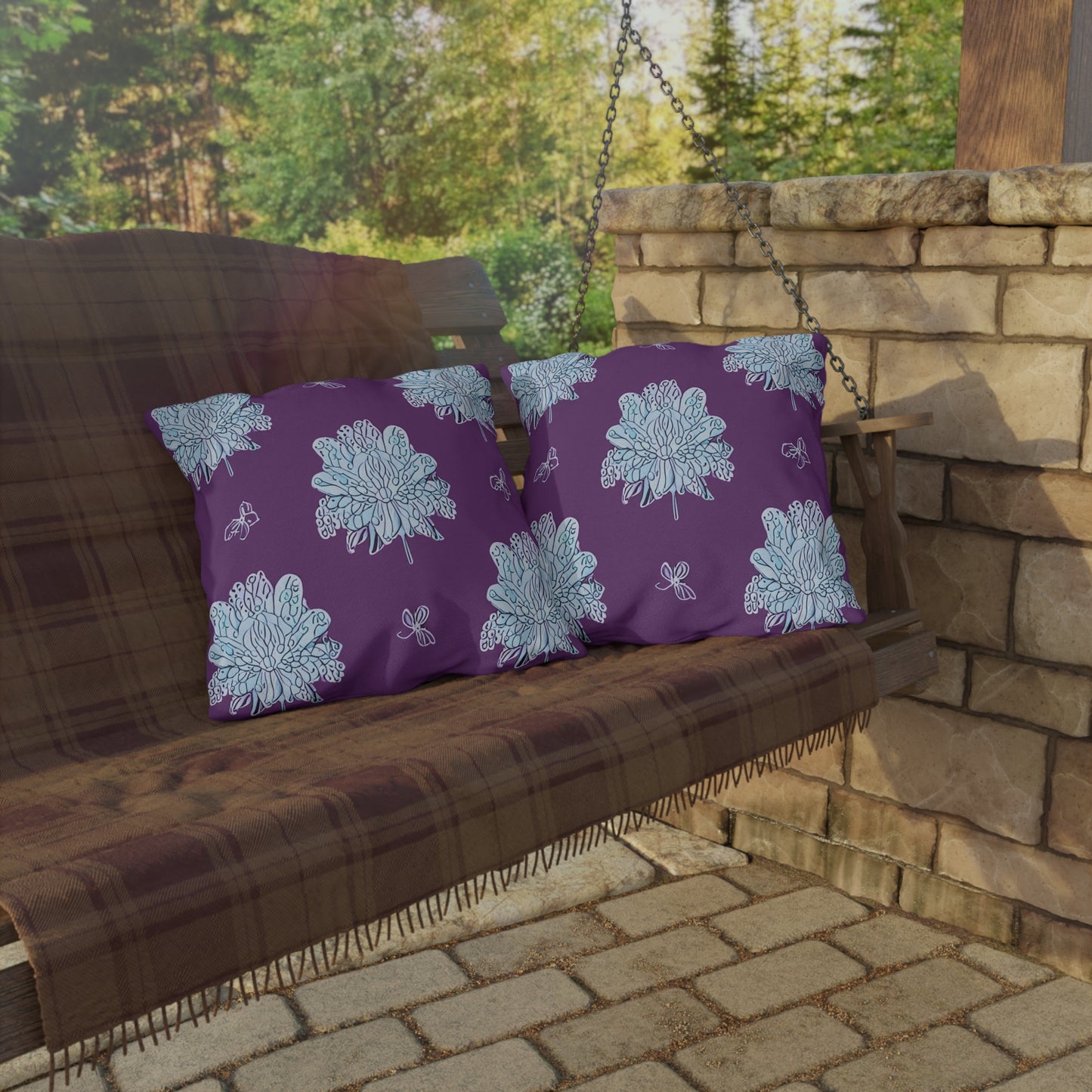 Blue Floral Butterflies 20" x 20" Outdoor Pillow