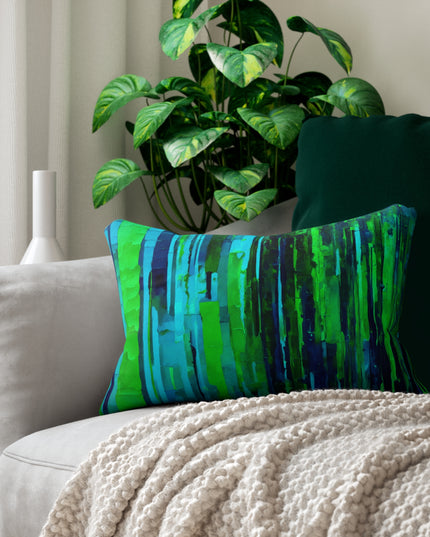 Striped Blue Green Spun Polyester Lumbar Pillow, 20" x 14"