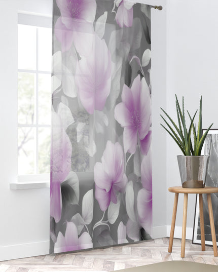 Purple Blossom Floral Bunch Sheer Window Curtain, 50" x 84", partially transparent