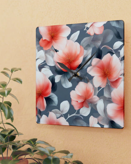 Red Blossom Floral Bunch Acrylic Wall Clock, Round or Square, 10.75" x 10.75"