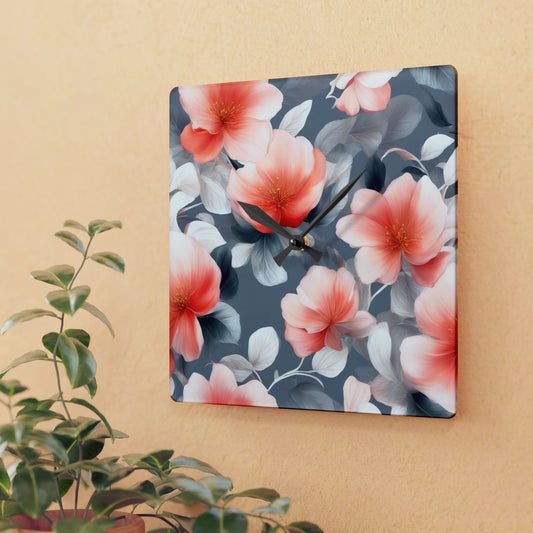 Red Blossom Floral Bunch Acrylic Wall Clock, Round or Square, 10.75" x 10.75"