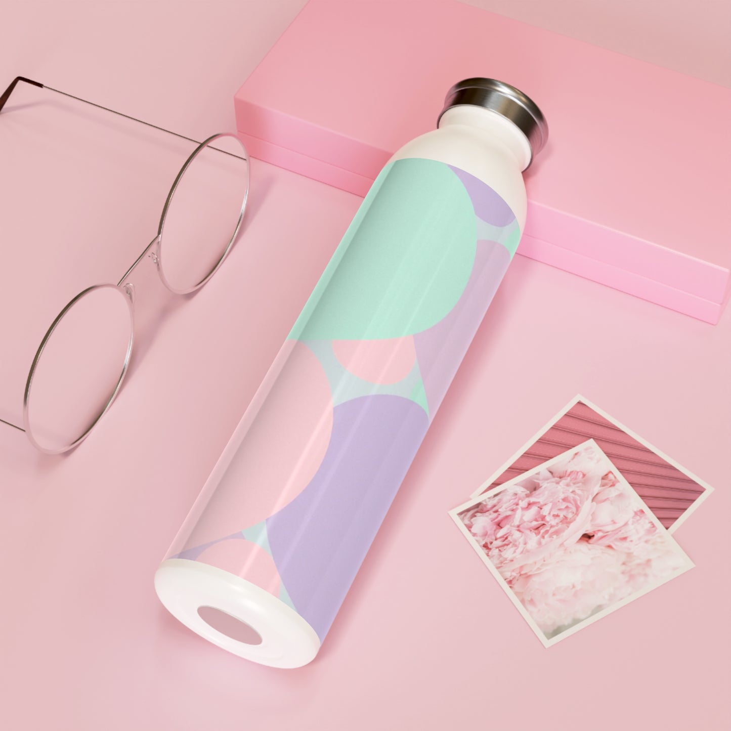 Pastel Peach and Soft Green Patches Slim Water Bottle, 20 oz White