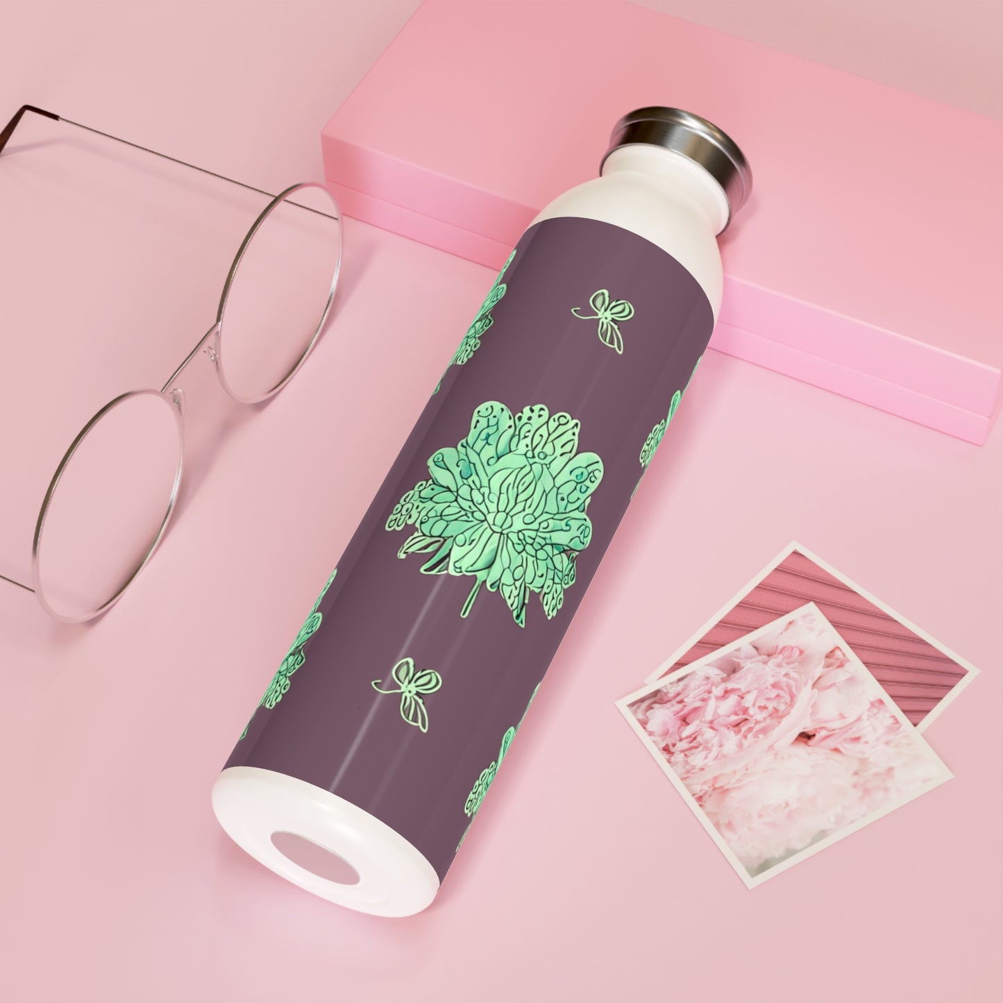 Mint Green Floral Butterflies Slim Water Bottle, 20 oz White