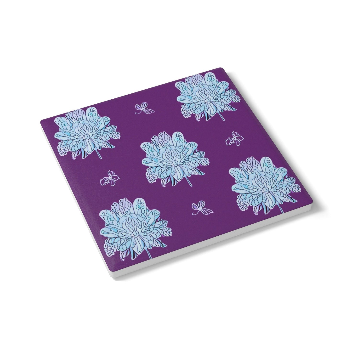 Blue Floral Butterflies 4" x 4" Square Ceramic Coaster