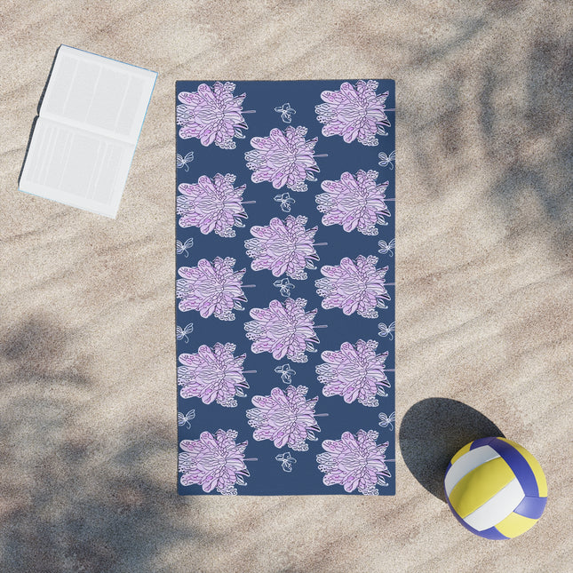 Purple White Floral Butterflies Beach Towel, 24" x 44"