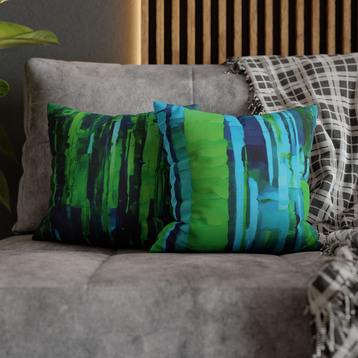 Striped Blue Green Spun Polyester Square Pillowcase, 14" x 14"