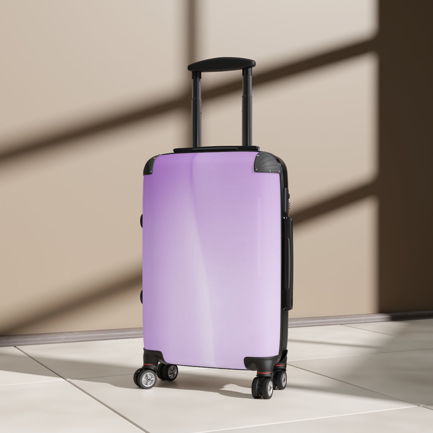 Soft Lavender Fade Small Suitcase with built in lock, 4 double-wheels, telescopic handle, and ABS back hard-shell