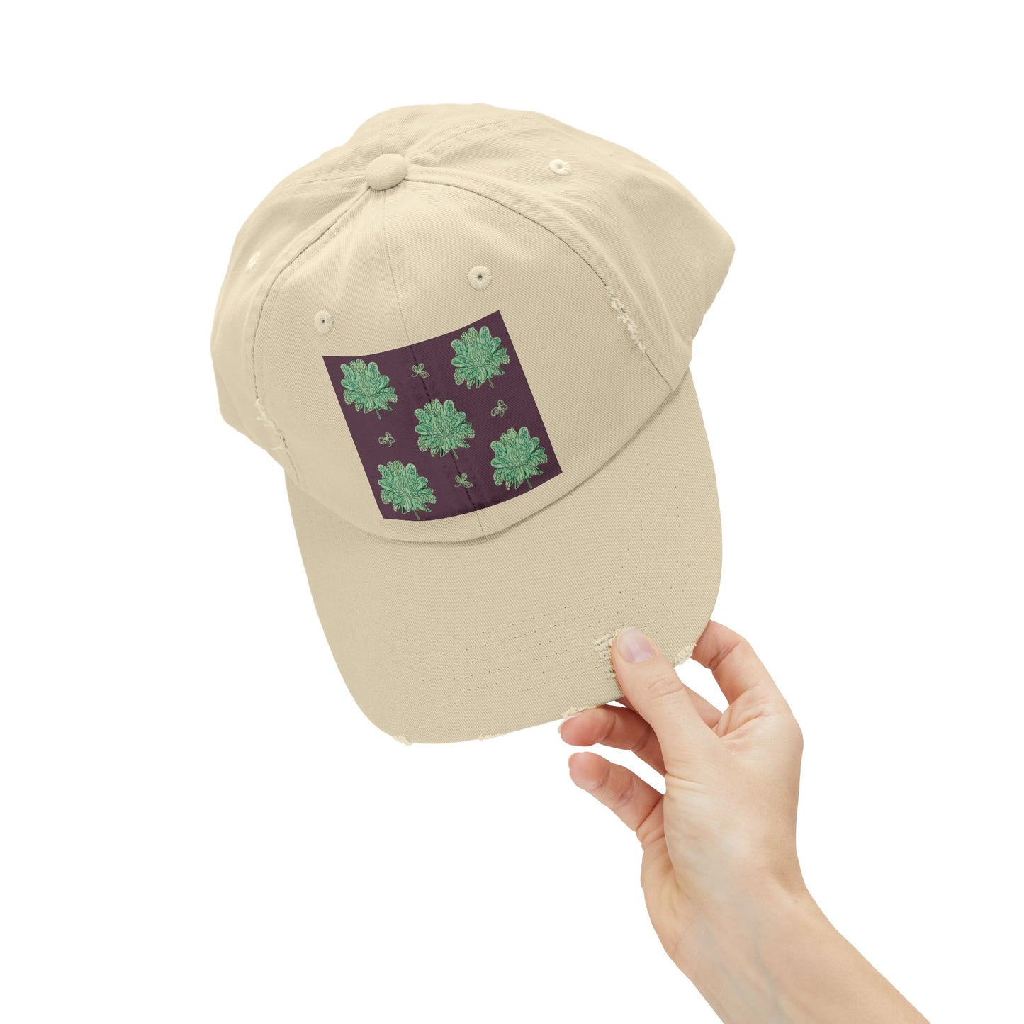 Mint Green Floral Butterflies Unisex Distressed Cap