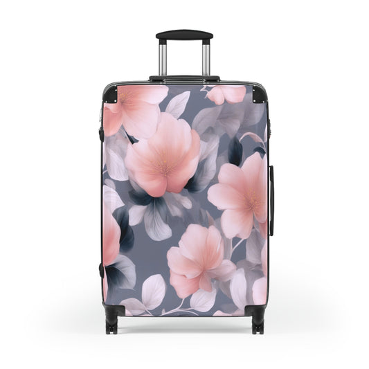 Peach and Blue Gray Floral Bunch Large Suitcase with built in lock, 4 double-wheels, telescopic handle, and ABS back hard-shell