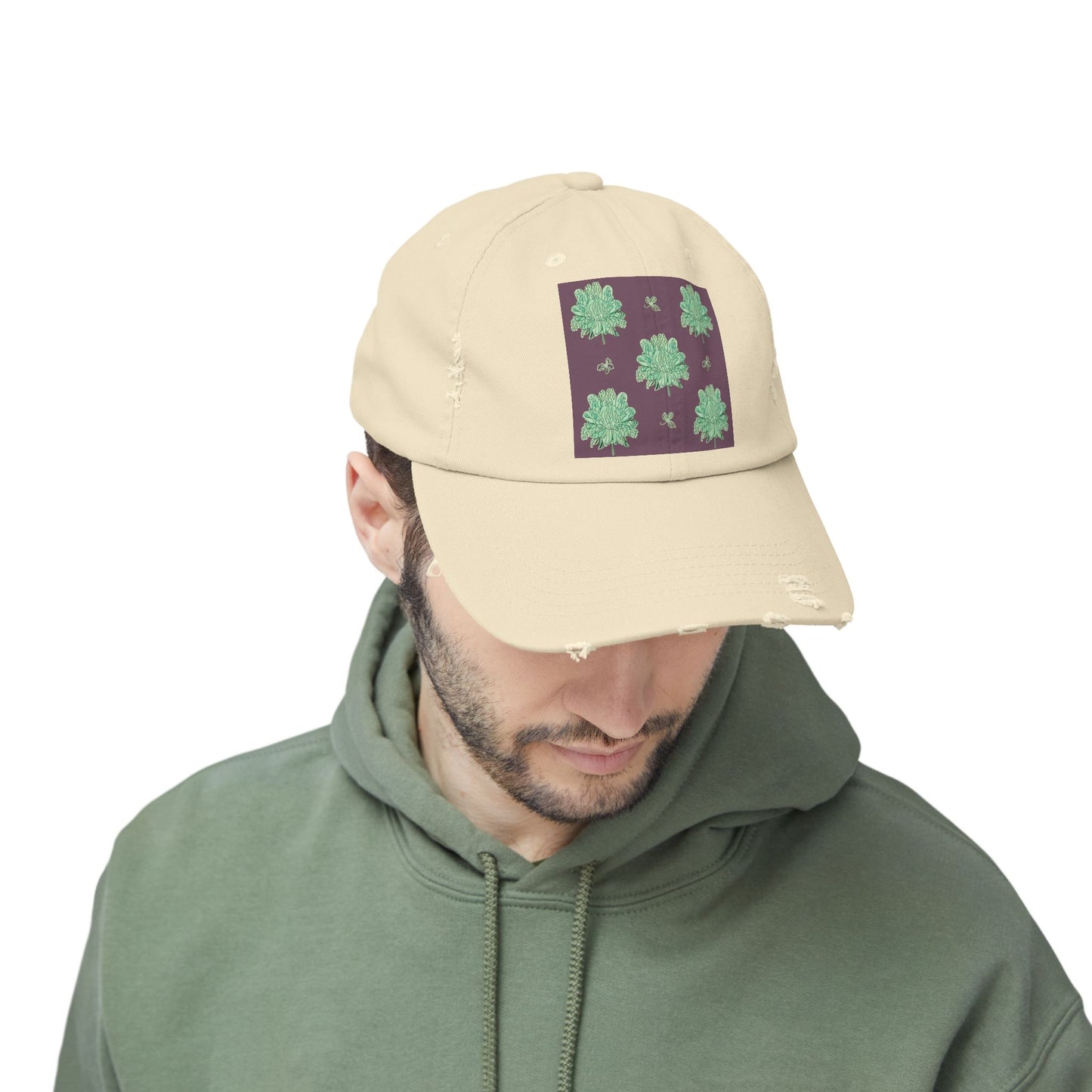 Mint Green Floral Butterflies Unisex Distressed Cap