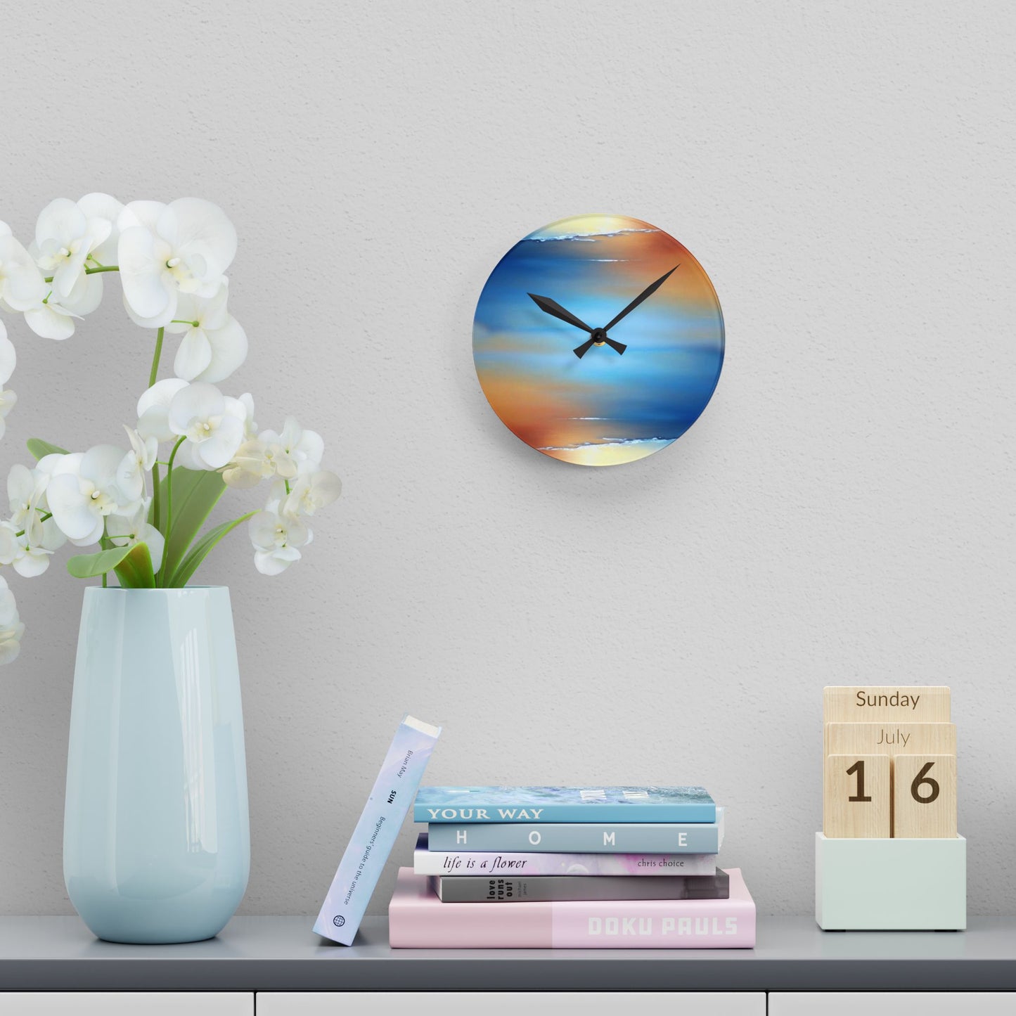 Blue Sea Red Orange Fog Acrylic Round Wall Clock, 8" x 8"