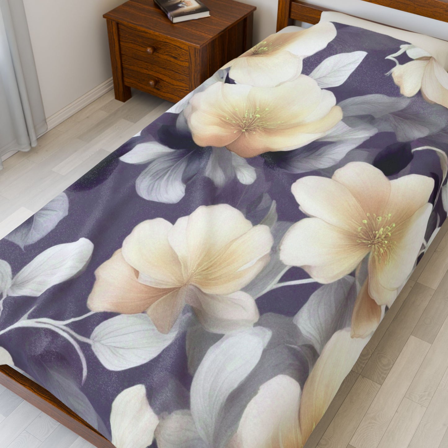 White Blush Floral Bunch Velveteen Plush Blanket, 60" x 80"