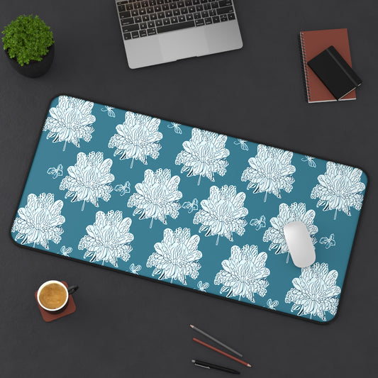 Tif Green White Floral Butterflies 16" x 32" Desk Mat