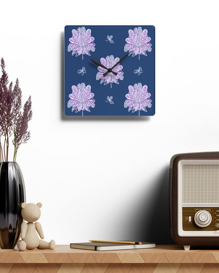 Purple White Floral Butterflies Acrylic Wall Clock, Round or Square, 10.75" x 10.75"