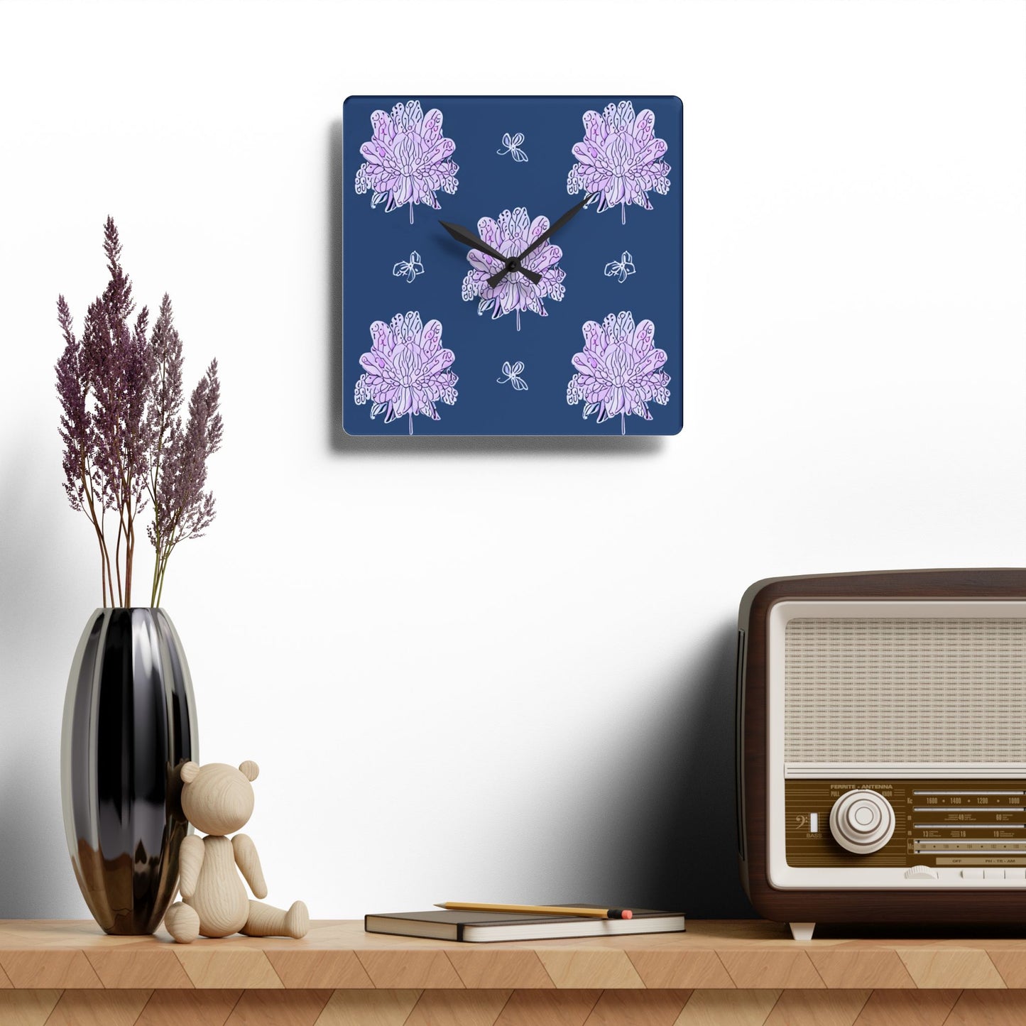 Purple White Floral Butterflies Acrylic Wall Clock, Round or Square, 10.75" x 10.75"