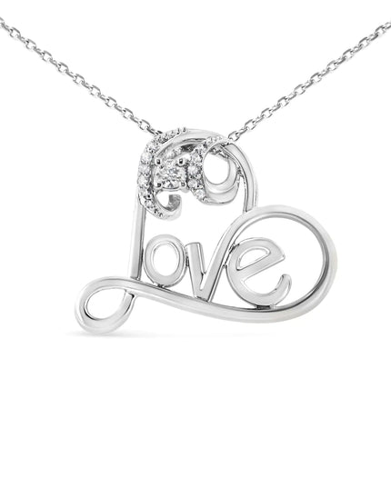 .925 Sterling Silver 1/10 Cttw Round Brilliant-Cut Diamond Accented Open Heart with Love 18" Pendant Necklace (H-I Color, I1-I2 Clarity)