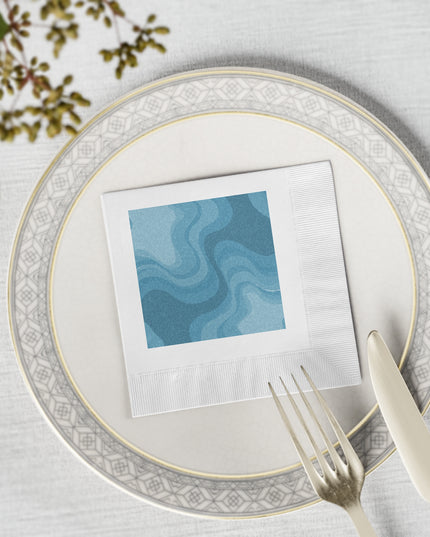 Sky Blue Wavey White Coined Napkins, 4.8" x 4.8"