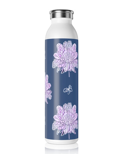 Purple White Floral Butterflies Slim Water Bottle, 20 oz White