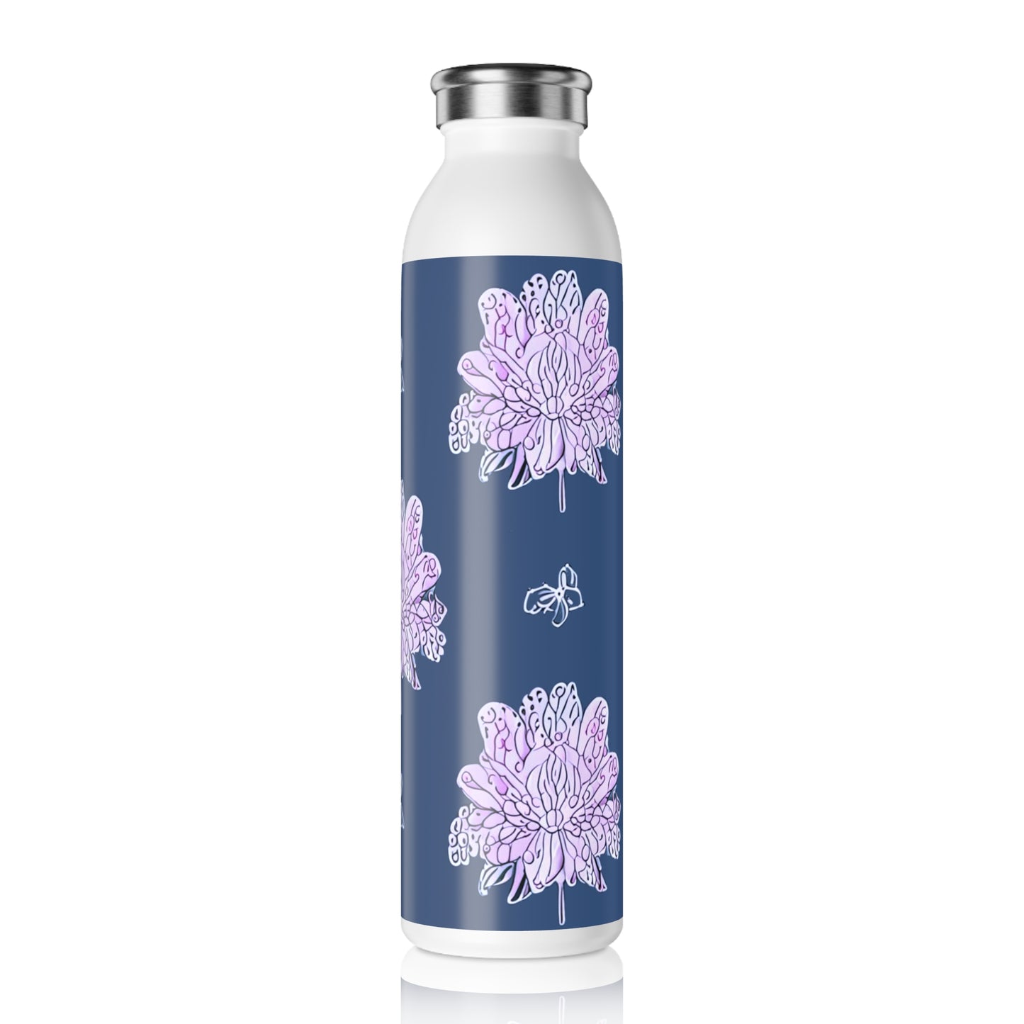 Purple White Floral Butterflies Slim Water Bottle, 20 oz White