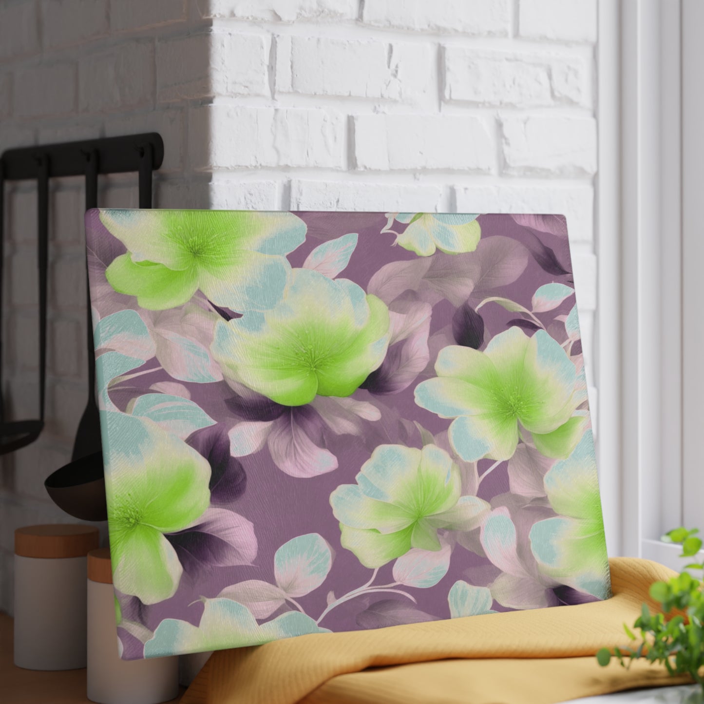Lime Lavender Floral Bunch Glass Cutting Board, 11" x 15"