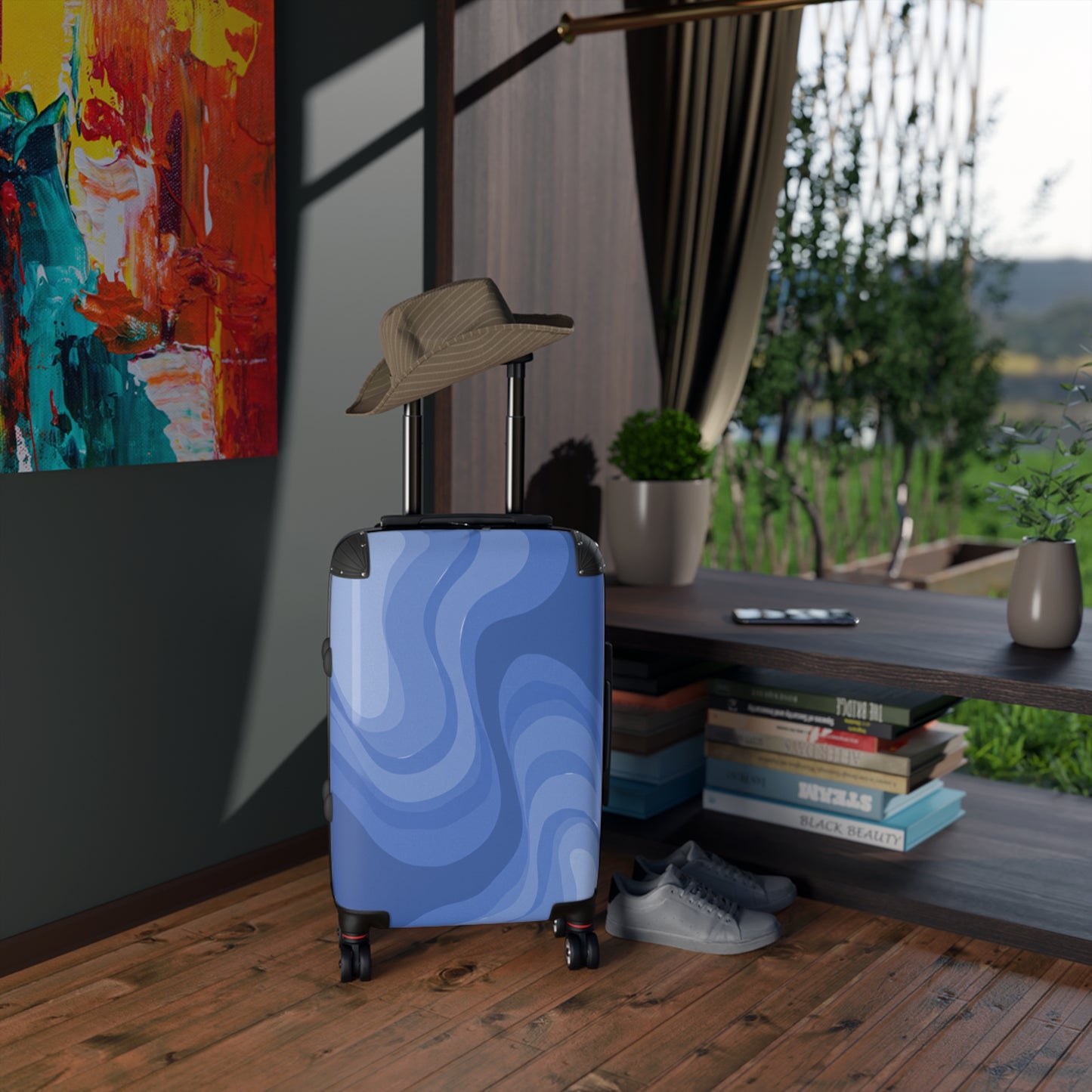 Deep Blue Wavey Small Suitcase with built in lock, 4 double-wheels, telescopic handle, and ABS back hard-shell