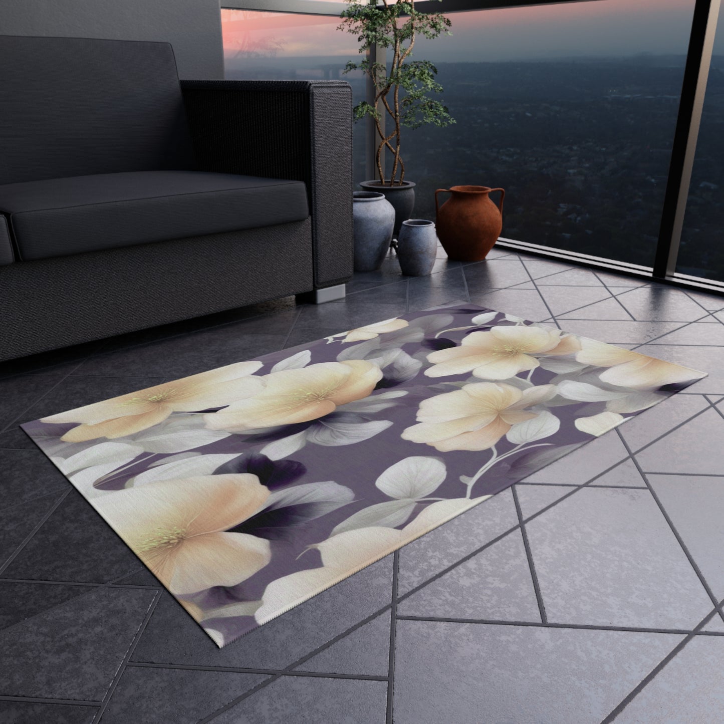 White Blush Floral Bunch Outdoor Rug, 36" x 60"