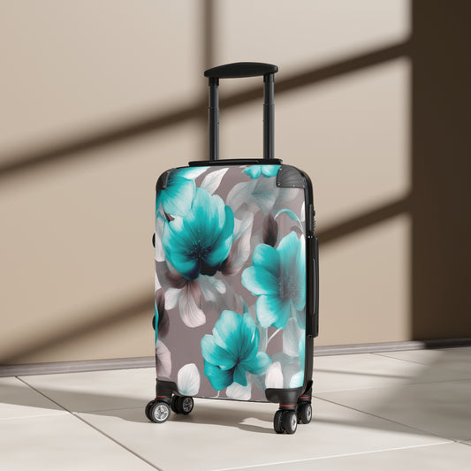 Tif Green Gray Floral Bunch Small Suitcase with built in lock, 4 double-wheels, telescopic handle, and ABS back hard-shell