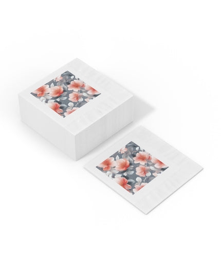 Red Blossom Floral Bunch White Coined Napkins, 4.8" x 4.8"