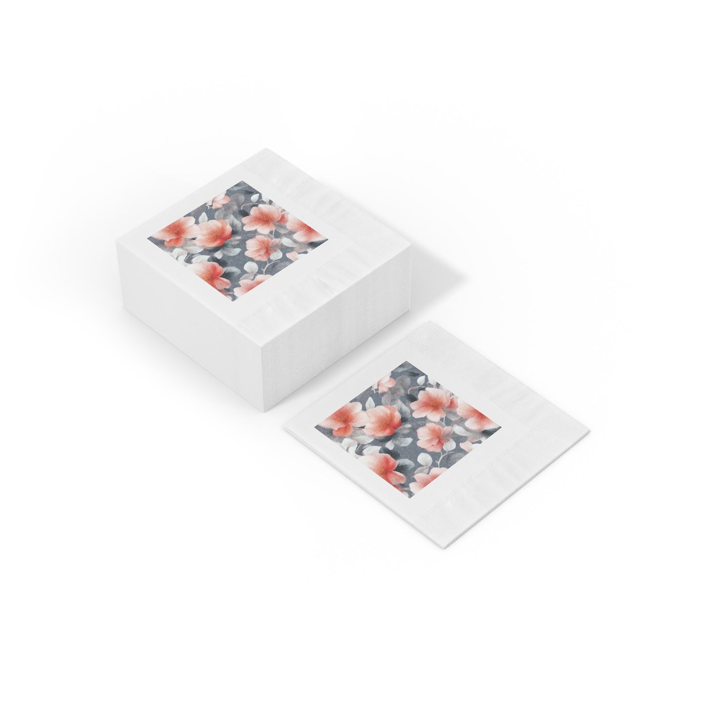Red Blossom Floral Bunch White Coined Napkins, 4.8" x 4.8"