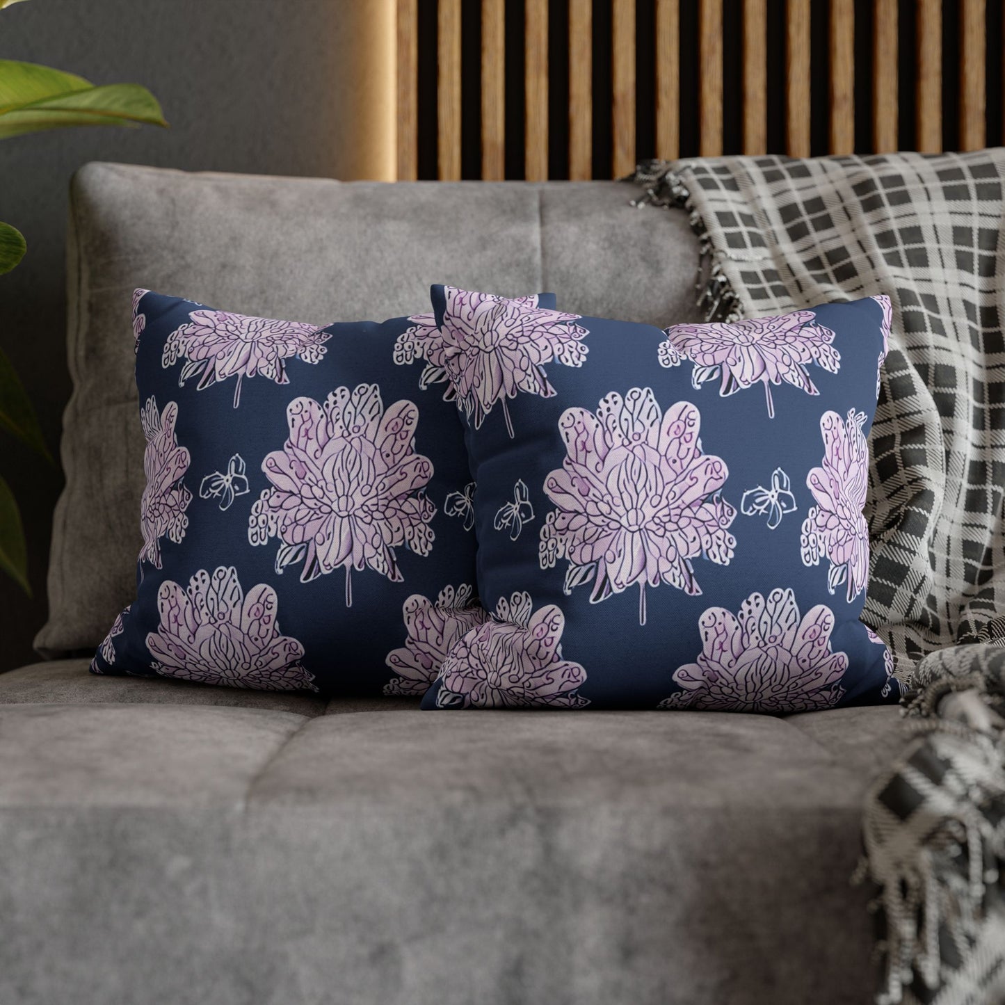 Purple White Floral Butterflies Spun Polyester Square Pillowcase, 14" x 14"