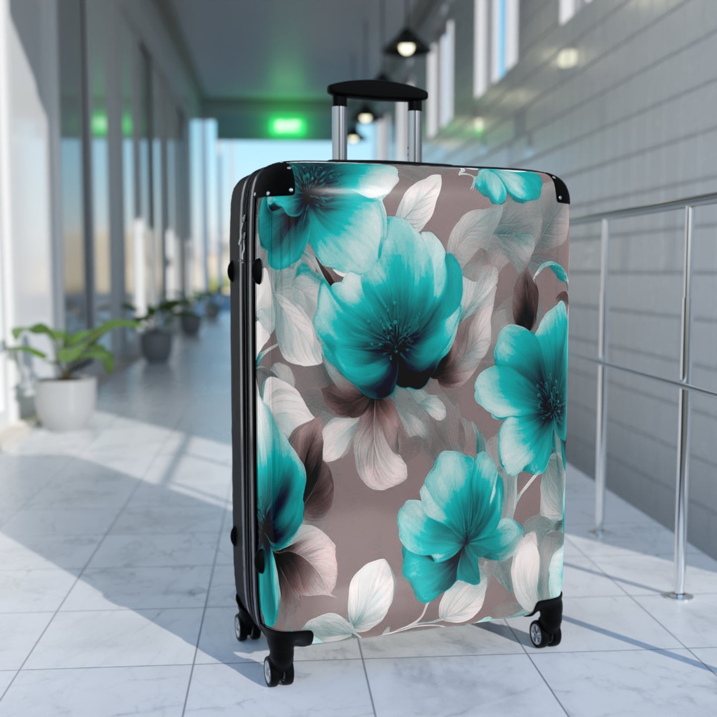 Tif Green Gray Floral Bunch Large Suitcase with built in lock, 4 double-wheels, telescopic handle, and ABS back hard-shell