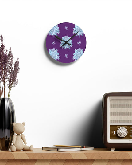 Blue Floral Butterflies Acrylic Round Wall Clock, 8" x 8"