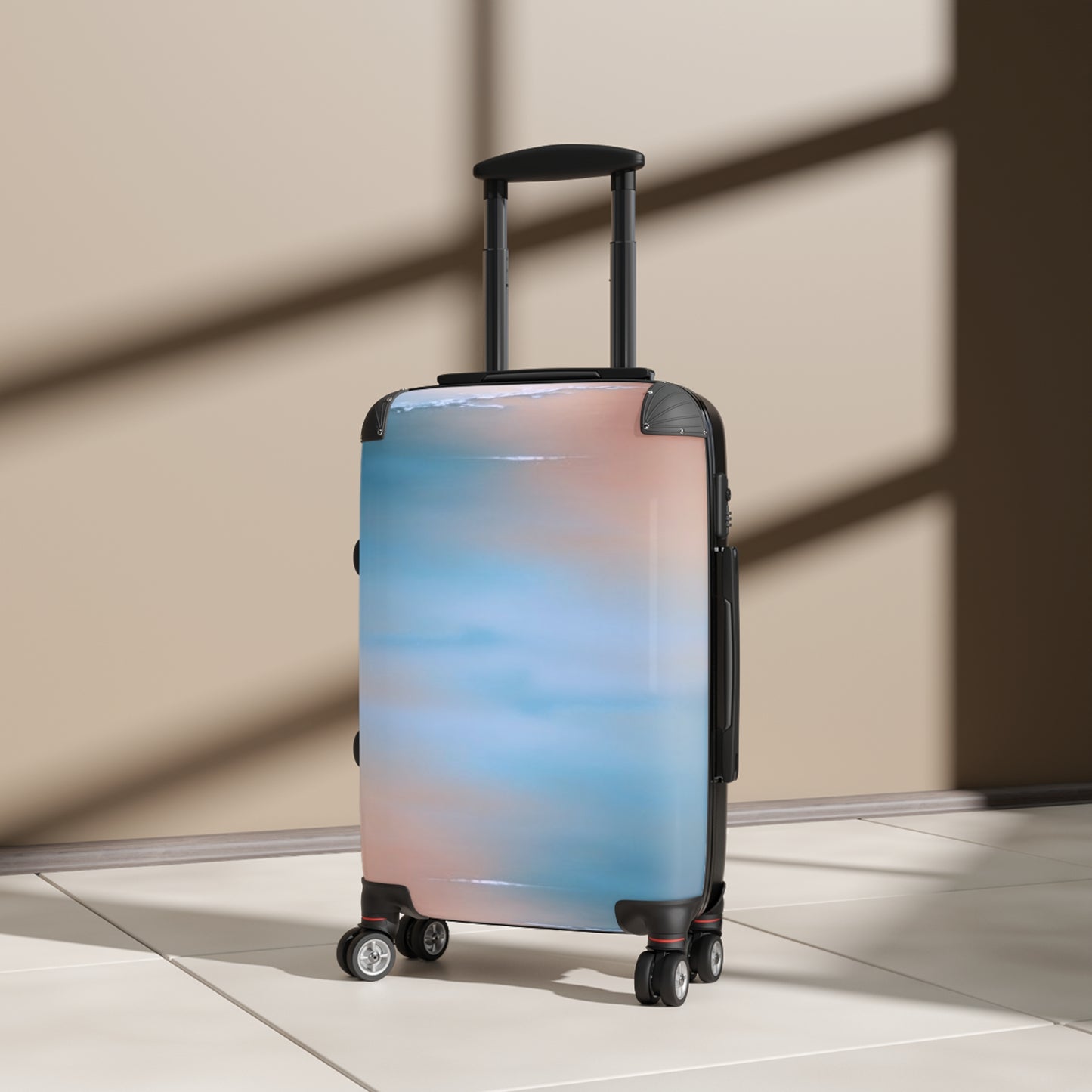 Blue Sea Peach Fog Small Suitcase with built in lock, 4 double-wheels, telescopic handle, and ABS back hard-shell