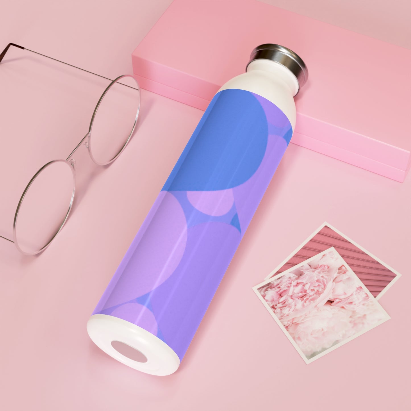 Pastel Purple Family Patches Slim Water Bottle, 20 oz White