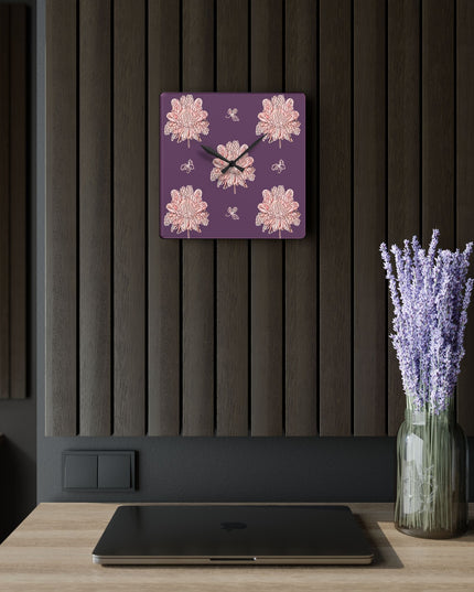 Pink Floral Butterflies Acrylic Wall Clock, Round or Square, 10.75" x 10.75"