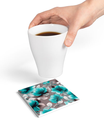 Tif Green Gray Floral Bunch Square Ceramic Coaster, 4" x 4"