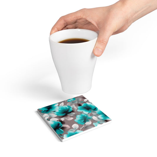 Tif Green Gray Floral Bunch Square Ceramic Coaster, 4" x 4"