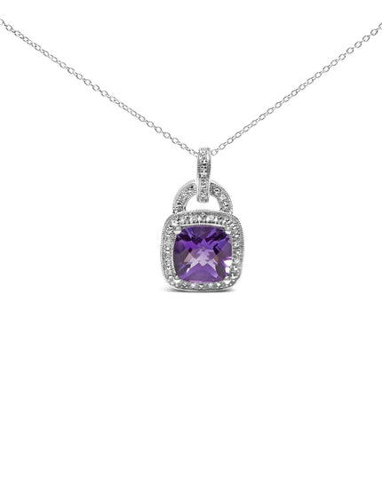 .925 Sterling Silver 10X10 MM Cushion Purple Amethyst and Diamond Accent Halo 18" Pendant Necklace (I-J Color, I1-I2 Clarity)