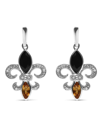 .925 Sterling Silver Marquise Cut Onyx and Citrine with Diamond Accent Fleur De Lis Drop Stud Earrings (H-I Color, SI1-SI2 Clarity)